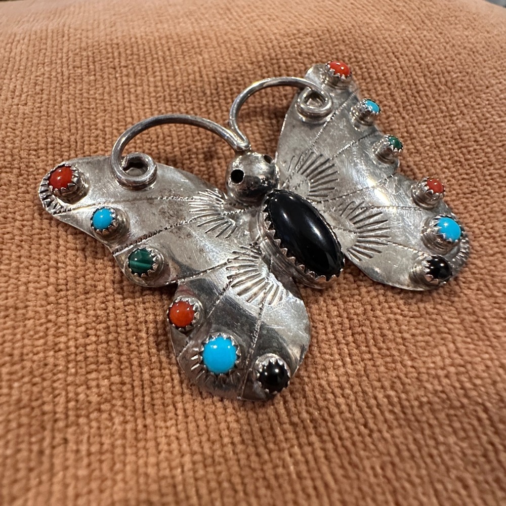 Vintage Sterling Silver Butterfly Pin Signed FY Navajo Turquoise Onyx YAZZIE - Picture 2 of 12